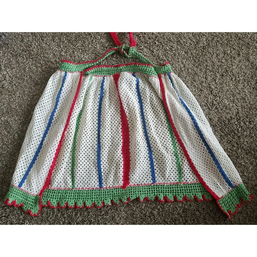 Vintage Crochet Apron Vertical Stripes white, red, green, blue.